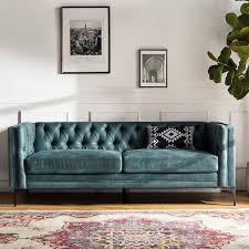 Jayden Creation Eridu Comtemperary 84 In Square Arm Faux Leather On Tufted Design Tuxedo Rectangle Sofa In Blue