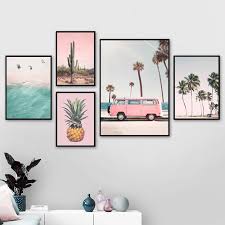 Square beach decor in coral, red, blue, and white hues with a crab in the center surrounded by bubbles, a fish, coral, and seaweed. Pink Bus Cactus Pineapple Blue Sea Beach Wall Art Canvas Painting Nordic Posters And Prints Wall Pictures For Living Room Decor Painting Calligraphy Aliexpress