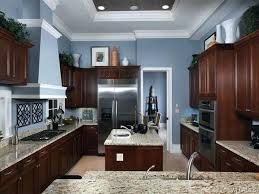 blue walls dark brown cabinets