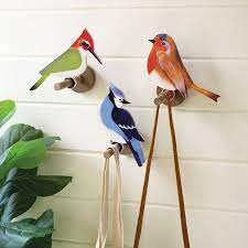 Painted Wood Perched Bird Wall Hooks
