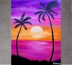 Pink Purple Sunset With Palm Trees Oil