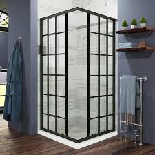 Forclover 36 In W X 72 In H Sliding Semi Frameless Shower Door In Black Finish With Silk Screen Grid Glass