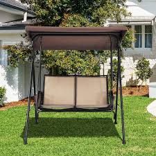 Costway 2 Seat Patio Porch Swing With Adjustable Canopy Storage Pockets Brown
