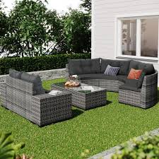 Zeus Ruta 8 Pieces Wicker Outdoor Round Sofa Sectional Set With Rectangular Coffee Table Movable Gray Cushion
