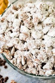 9 cups of chex, 1 cup chocolate chips, 1/2 cup peanut butter, 4 tablespoons butter, 1 teaspoon vanilla, and 1 1/2 cups powdered sugar. Chex Puppy Chow Muddy Buddies Mix Oh Sweet Basil