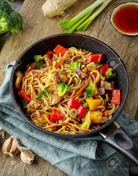 Cook the noodles following pack instructions. Asian Egg Noodles With Vegetables And Meat On Cooking Pan Stock Photo Picture And Royalty Free Image Image 96058538