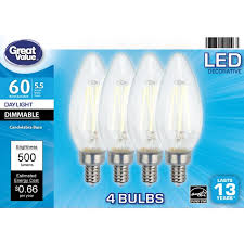 Great Value Led Light Bulb 5 5w 60w Equivalent B10 Deco Lamp E12 Candelabra Base Dimmable Daylight 4 Pack Walmart Com Walmart Com