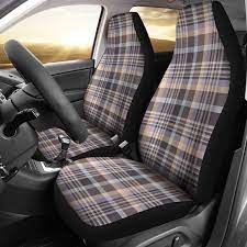 Beige Brown Plaid Car Seat Covers Pair