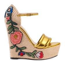 Gucci Womens Gold Leather Floral Embroidered Espadrille Wedges Shoes