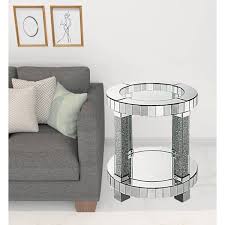 Valerie 20 In Mirrored Faux Diamonds Round Glass End Table With Storage And Shelves