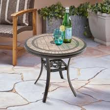 Mondawe Patio Bronze Aluminum Outdoor Dining Round Tile Top Table Without Umbrella Hole