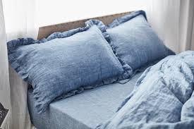 Soft Ruffled Linen Pillow Case In Blue