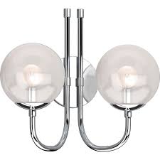 Volume Lighting Lawrence 2 Light 5 25 In Chrome Indoor Vanity Wall Sconce Or Wall Mount With Clear Glass Round Sphere Globe Orb Shades