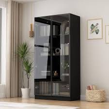 Fufu Gaga 63 In H X 31 5 In W Black Wood 3 Shelf Bookcase Bookshelf With 3 Color Led Lights And Tempered Glass Doors