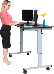 Stand & sit desk with choice of electric motor or hand crank and solid wood table top; Luxor Standcf60 Ag Bo 6ft Crank Adjustable Stand Up Desk Silver Frame Black Oak Finish Touchboards