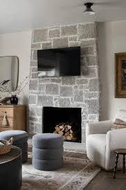 Rustic Gray Stone Fireplace With Tv