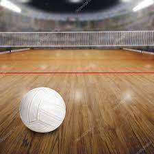 volleyball court with ball on wood