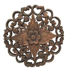 oriental carved lotus round wood plaque