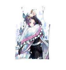 She comes with three face plates including a standard expression, a smiling expression and a condescending expression to display her showing pity for her enemies. Kochou Shinobu Butterfly Effect Demon Slayer Kimetsu No Yaiba Tank Top Animedecor
