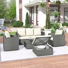 Afoxsos 5 Piece Gray All Weather Pe Rattan Wicker Outdoor Sectional Sofa Set With Table Ottoman And Beige Cushion