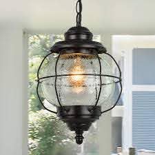Laluz Outdoor Pendant Lights Farmhouse Ceiling Hanging Porch Fixture In Black Metal With Clear Bubbled Glass Globe In Iron Cage Frame Exterior Lantern For Gazebo Entryway Patio Amazon Com