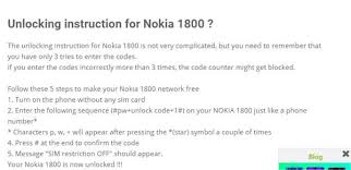 This is an unlock code for most all nokia phones worldwide. Solved Sim Not Valid Nokia 1800 Fixya