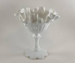 Vintage 1960s The Fenton Art Glass Co Milk Glass Small Rose Comport Double Crimped