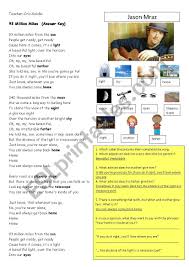 93 Million Miles- Jason Mraz - Song activity and class discussion-  teacher´s key included - ESL worksheet by crissorrir