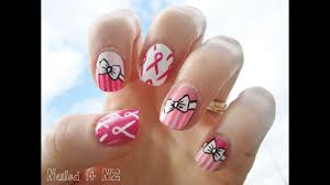 Breast Cancer Awareness Month Pink Nail Art With Ribbons And Bows