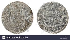 Antigua moneda de plata español del rey Carlos III. 1770. Acuñado en  Sevilla. 1 real Fotografía de stock - Alamy