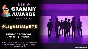 Originally scheduled for january 31, the 2021 grammy awards were pushed back due to the global pandemic and are now airing on sunday, march 14 at 8 p.m. Bts And Army Take Over Twitter With Lightitupbts Bandwagon Music
