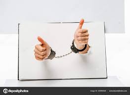 Partial View Female Hands Handcuffs Showing Thumbs Holes White — Free Stock Photo © VitalikRadko #229990028