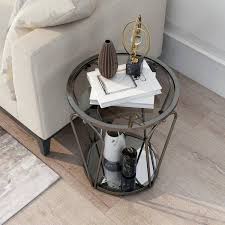 Gray Round Glass End Table