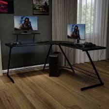 Wooden l shaped gaming desk. Flash Furniture L Shaped Computer Black Desk Gaming Desk Home Office Desk Black Frame