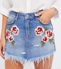 Free People Wild Rose Embroidered Studded Denim Distressed Raw Hem Mini Skirt