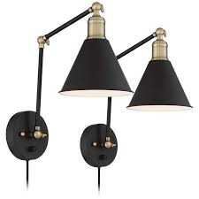 Wray Black And Antique Brass Plug In Wall Lamp Set Of 2 9j684 Lamps Plus