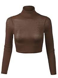 Kogmo Womens Lightweight Fitted Long Sleeve Turtleneck Crop Top With Stretch M Brown