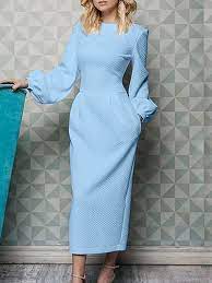 Blue maxi sleeves bridesmaid dresses. Light Blue Pockets Round Neck Lantern Sleeve Work Maxi Dress Maxi Dresses Dresses