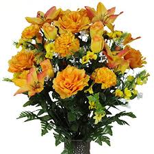 If your vase is too crowded, either use a larger vase or move some of the flowers to a different vase. Stay In The Vase Artificial Cemetery Flowers For Outdoor Grave Decorations Orange Lily And Yellow Rose Mix Fake Flowers Non Bleed Colors And Design Buy Online In Bahamas At Bahamas Desertcart Com Productid 78848556