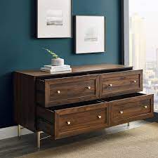 56 In W 4 Drawer Dark Walnut Wood Dresser With Gold Hardware