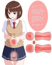 chikahii, original, red neckwear, translated, 1girl, artificial vagina, bar  censor, blue skirt, blue stripes, breasts, brown eyes, brown hair,  censored, english text, flaccid, futanari, holding, humiliation, looking at  viewer, medium breasts, penis,