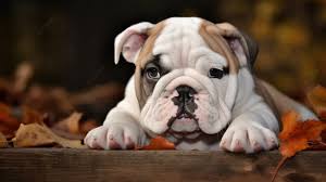 bulldog puppy looking at leaves from a