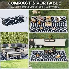 outsunny reversible outdoor rv rug 9 x 18 patio floor mat plastic straw rug for backyard deck picnic beach cing blue white