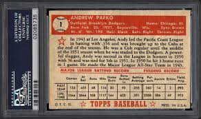 The front of the card includes pafko wearing his dodgers blue cap and a white uniform with the logo in blue. 1952 Topps Andy Pafko Psa Cardfacts