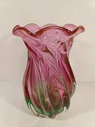 Vintage Art Glass Flower Vase Pink Amp