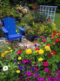 backyard flower garden with chair