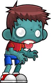 cartoon zombie with green skin wearing a torn red shirt and blue shorts