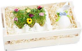 Drewniana skrzynka z talerzem na jaja, wielkanocnym zającem i rzeżuchą -  Porcelana - Ogród prezentów