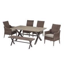 Hampton Bay Rock Cliff 6 Piece Brown Wicker Outdoor Patio Dining Set With Bench And Cushionguard Riverbed Tan Cushions
