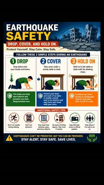 🌍 An earthquake strikes. You're indoors. What do you do? In just seconds, the right action can save your life. Remember this: ⬇️ Drop 🛡️ Cover ✊ Hold on 💡 This simple